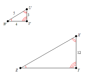 两个相似的三角形UVW和XYZ，其中UV = 3, VW = 4, WU = 5, XY = 12