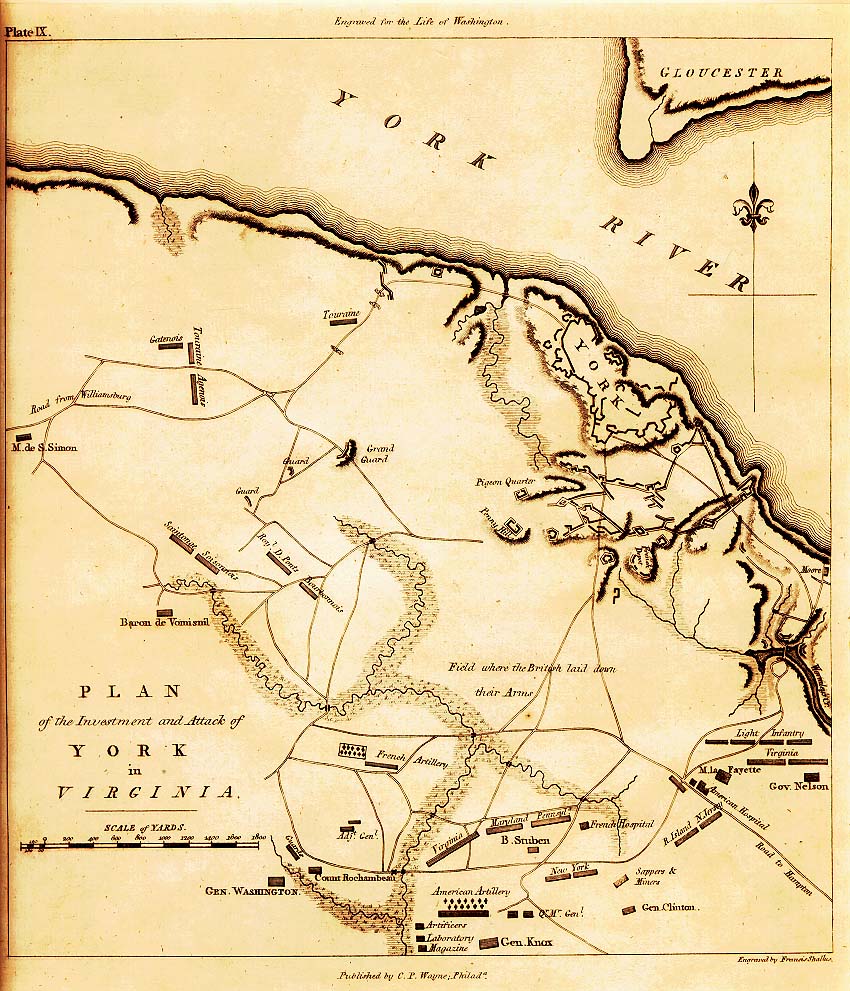 美国和英国的阵地地图和攻击约克镇的计划